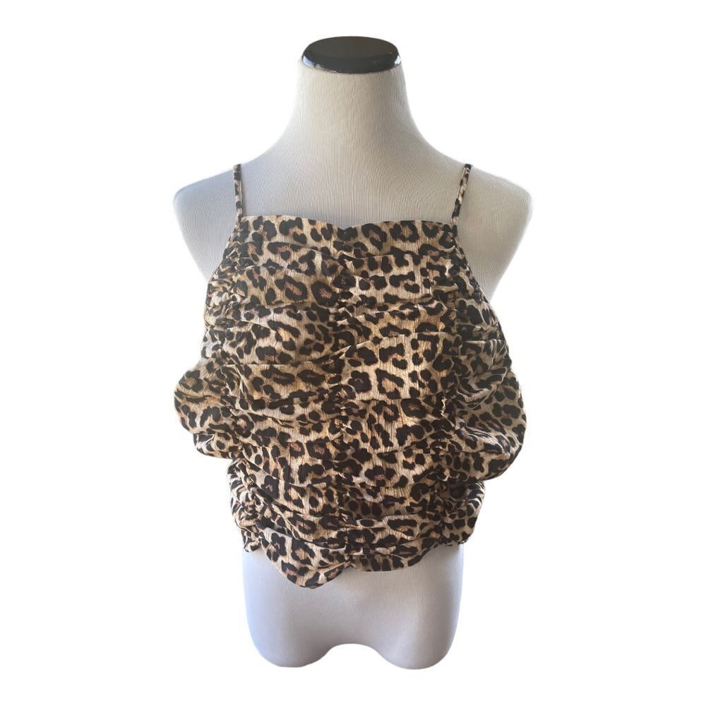 NWT H&M Women’s Sz  XL Spaghetti Strap Crop Top Animal Leopard Print Ruched